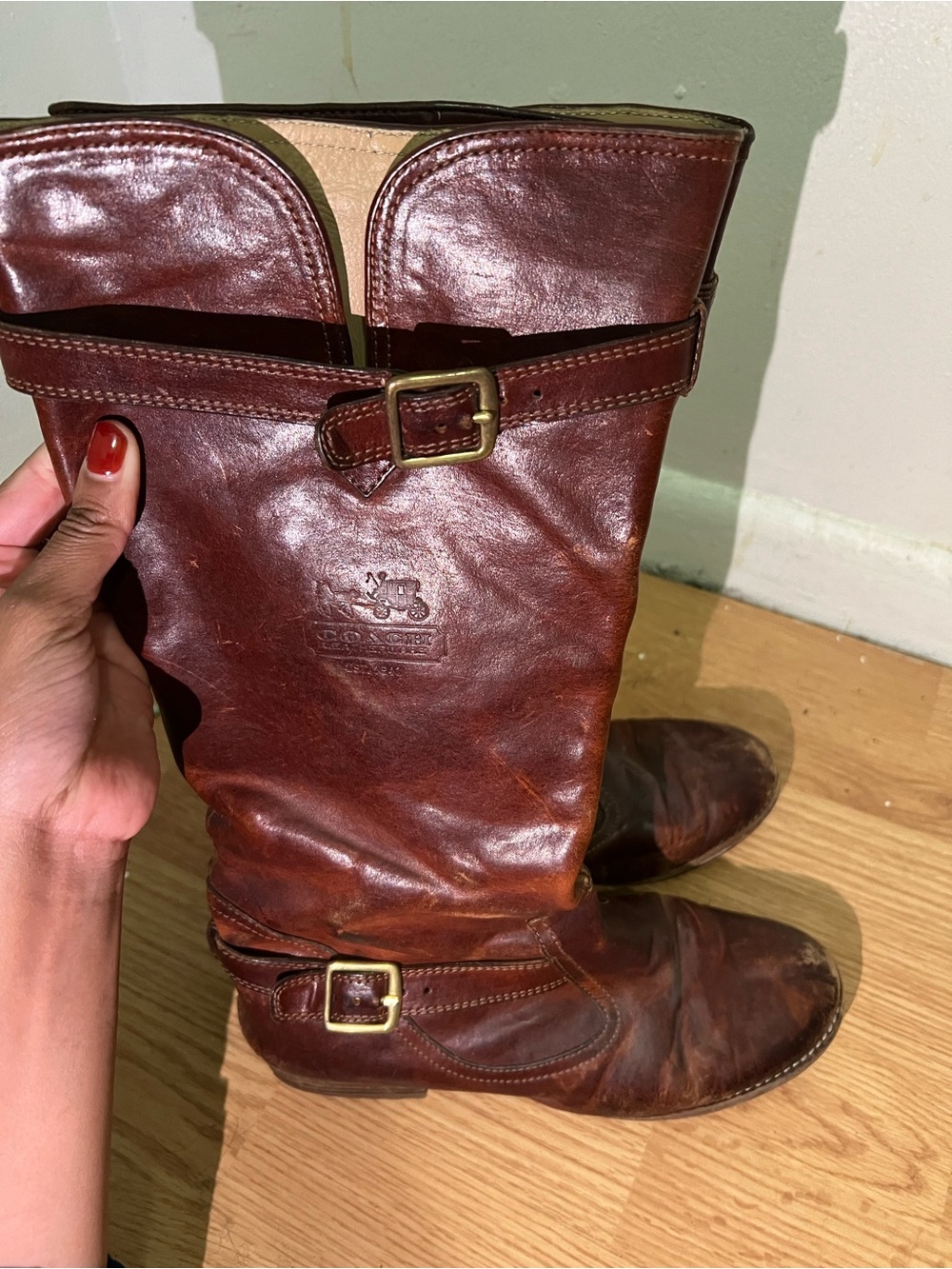 Coach Vintage Brown Leather Mid-Calf Riding Boots with Buckle Detail